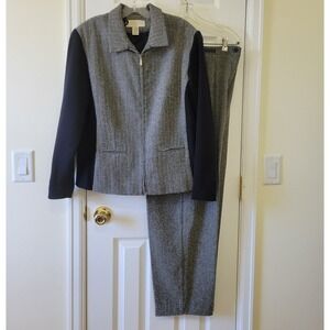 Norton McNaughton Pants Suit Size 16 Black Gray Herringbone Pockets Zip-Up